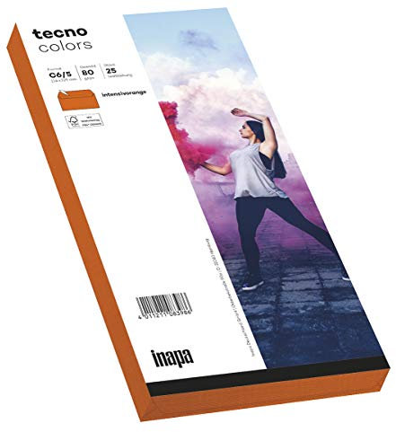 inapa Briefumschläge tecno Colors - DIN-C6/5 (114 x 229), 80 g, intensiv-orange, haftklebend, ohne Fenster, 25 Stück