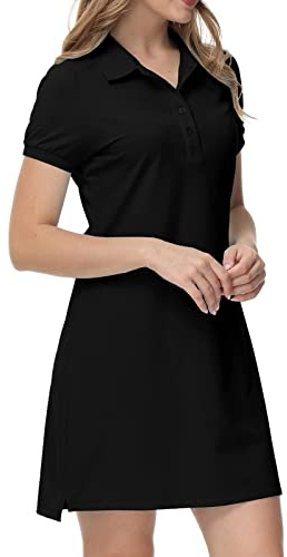 MoFiz Vestido de Polo Mujer Manga Corta Verano Algodón Trabajo Vestido Deportivo Tenis Golf Dress Negro L