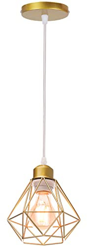 TOKIUS Retro Hängelampe 16CM Vintage 1-flammige Pendelleuchte im Industrial Design E27 Fassung Eisen Käfig Lampenschirm Industrie Lampe Gold Hängeleuchte für Flur Küche Schlafzimmer Cafe