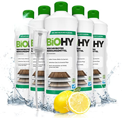 BiOHY Wischroboter Reinigungsmittel (6 x 1 Liter) + Dosierer | Bodenreiniger Mittel für Holzböden | Laminat & Parkettpflege | streifenfreier Glanz auf wasserfestem Holz | schaumarmes Konzentrat