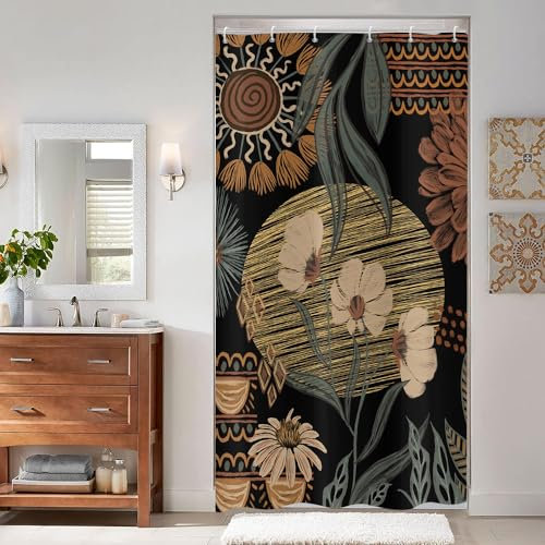 ASDCXZ Boho Tenda Doccia Stretta 90x180 cm, Retro Arte Astratta Foglie di Fiore Modello Nero Piccolo Bagno Lavabile Tende Doccia Tessuto Poliestere Tenda Doccia Impermeabile con 6 Gancio