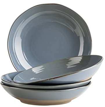 MÄSER Serie Nottingham, juego de 4 platos hondos con juego de líneas de filigrana y esmalte elegante, platos hondos grandes para pasta y sopas de cerámica en aspecto vintage moderno, gres, gris y azul