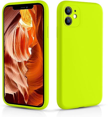 CALOOP Slim-Fit for iPhone 11 Case,Skin Soft Liquid Silicone,Sturdy Hard Frame Shockproof Cover with Anti-Scratch Microfiber Lining,Full Protection for Screen and Lens,6.1 inch(Fluorescent Green)