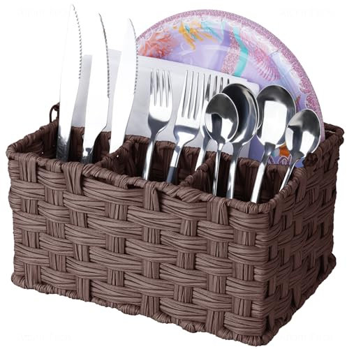NiHome Cesta de mimbre para cubiertos con cuatro compartimentos, organizador de utensilios de ratán sintético tejido a mano con marco de alambre de metal duradero, asa portátil para cocina, comedor,