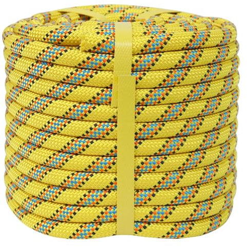 CRAYZA Double Braided Polyester Rope (1/2 in x 100 ft) Strong Arborist Rigging Rope 48 Strands for Tree Work Swing Pulling Sailing, Yellow