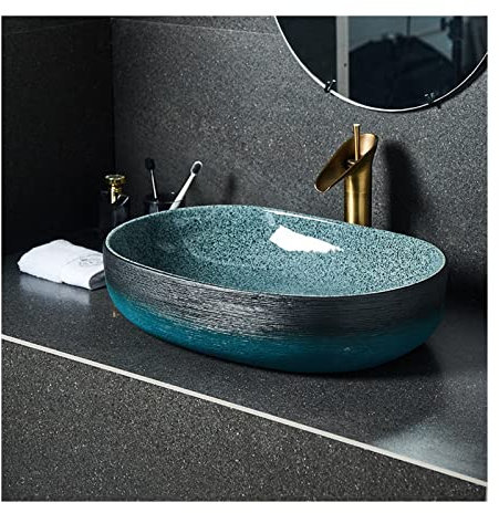 WAOCEO Waschschalen Waschbecken Keramik-Badezimmerwaschbecken, Einzelwaschbecken, Kunst-Retro-Aufsatzwaschbecken, Haushalts-Badezimmerwaschbecken, 45,7 x 33 cm, oval, blau Aufsatzwaschbecken