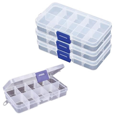 Ormromra 4 Stück Plastik Sortierbox, 10 Gitter Fächer Aufbewahrungsbox mit verstellbaren Fächern, Aufbewahrungsbox mit Deckel für Spielzeug, Schmuck, Accessoires, Kleinteile, Schrauben