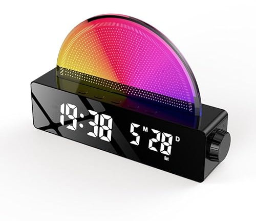 Winnes Digitaler Radiowecker,Mit Spiegel, 7 Beleuchtungsarten Nachttischlampe für Schlafzimmer,Wecker Laut für TiefschläFer,12/24 H,USB-Betrieben,Geeignet als Geschenk,Schwarz