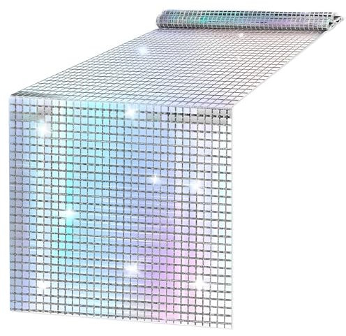 Disco Party Tischläufer, 30x275cm Discokugel Tischdecke, Farbige Pailletten Tischdecken, Silber Table Runner, 70er Disco Thema Deko, für Halloween Geburtstag Hochzeit Abschlussball Tischdekoration