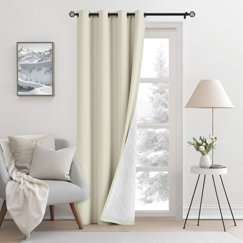 AOOSA Thermal Insulated Curtain, 52x 84 Winter Eyelet Doorway Cover | Windproof Soundproof, Warm Cold Protection, Thicken Fiber Drapes Curtain with Tieback for Living Room, Bedroom, Office(Beige)