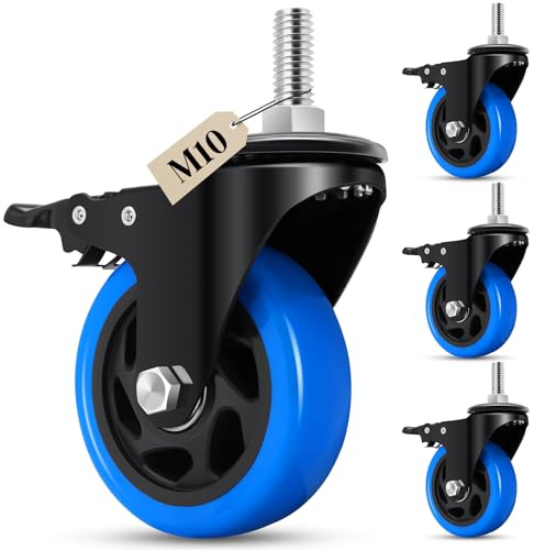 Humagineer 100mm Möbelrollen mit Bremse, M10 x 1,5x 30mm (Schaftdurchmesser 9.5mm, Schaftlänge 30mm), Rollen für Möbel Tragfähigkeit 630KG, Schwerlastrollen Lenkrollen für Möbel, Transport, Gasgrill