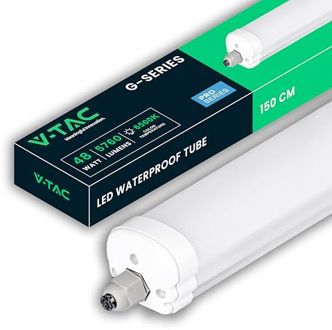 V-TAC Pantalla LED Estanca 150 CM - 48W - PRO SERIES - Lámpara Luminaria Rectangular 5760 Lumen IP65 para Pared, Garaje, Tienda - Tubo LED - Plafón LED Lineal - Luz Blanco Frío 6500K
