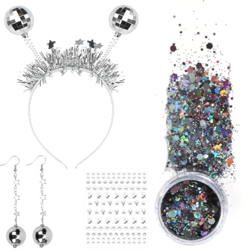 Meleager 4-Teiliges Set Haarreif Discokugel Silber, Haarreif Karneval Damen, Alien Stirnband Silber, Glitzer Haarschmuck für Halloween, Maskerade