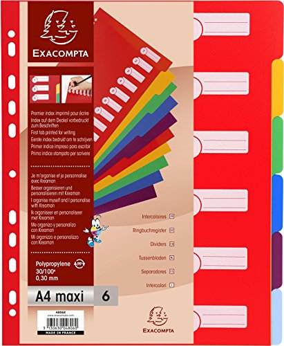 Exacompta 4806E Premium-Register für DIN A4 MAXI aus langlebigem Kunststoff 6-teilig volle Höhe 24 x 29,7 cm blickdicht 6 Farben mit Organisationsdruck auf der ersten Seite Trennblätter