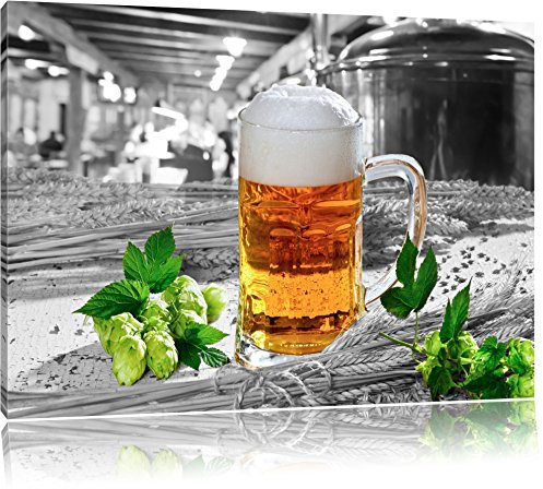 Pixxprint Frisches Bier mit Schaumkrone B&W, Größe: 120x80cm, Leinwandbild, fertig gespannt, Wandbild, Dekoration, Kunstdruck, kein Poster