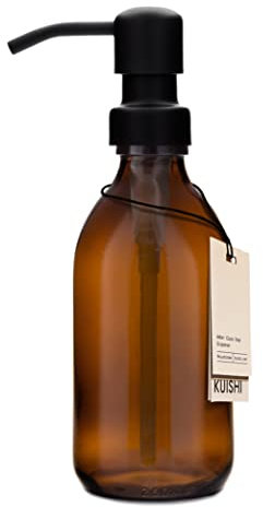 Kuishi Botella de Vidrio ámbar con Bomba de Acero Inoxidable [250ml, Bomba Negra], ámbar Botellas de Vidrio marrón Recargables Ideal para Lavado a Mano, champú, acondicionador, Gel de Ducha (sin BPA)
