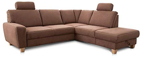 Cavadore Ecksofa Wisconsin mit Bettfunktion / Schlafsofa mit Federkern / Inkl. 2 Kopfstützen + Stauraum / Landhausstil / Holzfüße in Buche / Mikrofaser / 248 x 88 x 215 cm / Braun