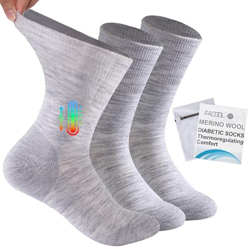Facool Diabetic Dress Crew Socks for Men Women, Non-Binding Loose Top Seamless Toe Merino Wool Soft Moisture Wicking Cushioned No Slip Diabete Socks, 3 Pairs Light Grey Large