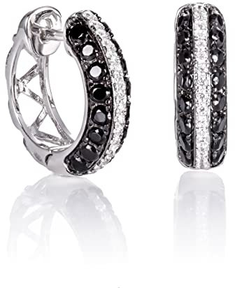 Namana Schwarz-Weiße Creolen für Damen. 925 Sterling Silber Creolen für Frauen mit schwarzen und weißen Zirkonia Edelsteinen. Huggie Ohrringe in Sterlingsilber mit Geschenkbox