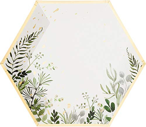 Harlow & Grey Secret Garden - Gold Foil and Botanicals on White, Large 10.5 Paper Plates, 8 Count, Disposable Party Plates for Birthday, Wedding, Shower, Anniversary or Special Celebration
