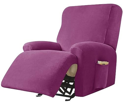 JHLD Samt Stretch Sesselbezug Relaxsessel, 4 Stück Ruhesessel Bezug Weiche Ruhesessel Bezüge Anti-rutsch Relaxsessel Bezug Mit Seitentasche Abnehmbare Waschbar Für Wohnzimmer-lila-1 Sitzer
