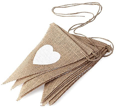 LUOSHUAI Wimpelkette Outdoor 13 stücke Jute Stoff Bunting Banner Weiße Herz Flaggen Vintage Hochzeit Party Sackleinen Banner Rustikale Hochzeit Dekoration Cent Wimpelkette