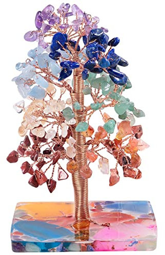 Nupuyai 11.9cm 7 Chakras Pierres Naturelles Arbre de Cristal avec Base de Tranches d'agate, Arbre d'argent de Pierre Semi-Précieuse, Bonsaï en Cristal Feng Shui pour la Reiki Bonne Chance