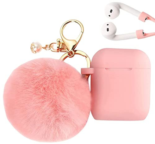 Airpod 1/2 Gen Case Cover PERSONALLY YOURZ Airpod 1st, 2nd Generation Case Silicone Protective Case Cover 【Support Wireless Charging, Front LED Visible】 Keyring & Soft Fluffy Pompom – PEACH PINK