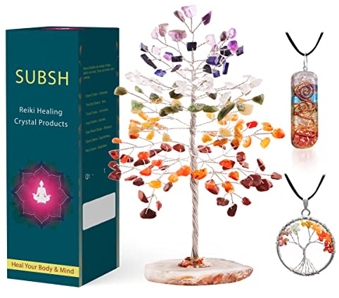 SUBSH Crystal Tree of Life - Wrapped On Natural Geode Agate Slice Base Healing Crystals for Beginners Chakra Set Positivity Gifts