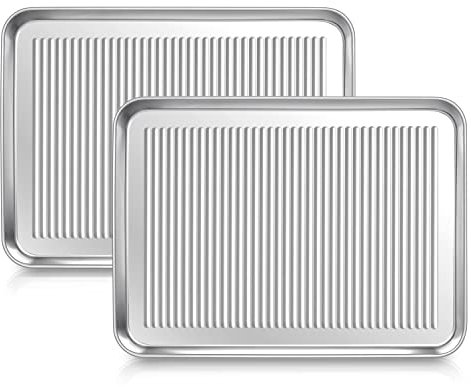 Herogo Baking Tray Set of 2, Stainless Steel Oven Tray (31.6x24.7cm), Large Professional Baking Pan for Cooking, Ridges Design & Rust Free, Non-Toxic & Healthy, Oven & Dishwasher Safe, Silver