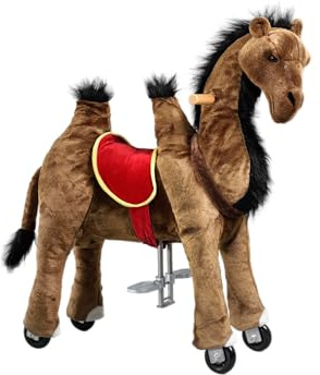 PONNIE Reitpferd mit Rollen Camel S (3-6 Jahre), Spielpferd zum Reiten mit Rot Sattel, Kämmbare Mähne und Schwanz, Plüschpferd zum Reiten für Kinder PRO