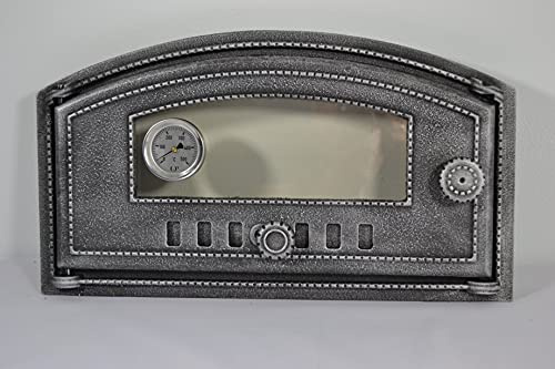 SEZAM Cast Iron Oven Door with Thermometer 500°C, Heat Resistant Glass Pane, Left Opening, Pizza Oven Door, Bread Oven, Stone Oven Door, 48.5 x 6.5 x 27.5 cm, Semi-Circular, Antique Silver Painting