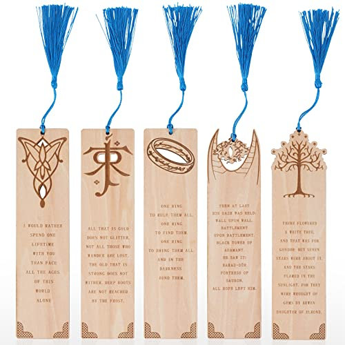 5 Stück LOTRS Lesezeichen für Männer & Frauen, Herr der Ringe Themed Hobbits Lesezeichen Set mit Seidenquaste, Holz Lesezeichen zum Lesen (Ideal als Geschenk)