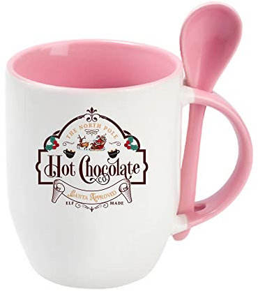 Getagift North Pole Mug, Hot Chocolate Santa Claus Approved, Secret Santa Christmas Coffee/Tea Cocoa Soup Daily Use 11oz Inside Colored With Spoon (Pink)