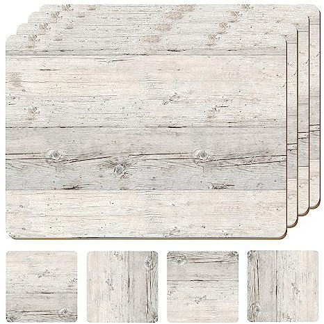 Moderry Set mit 4 hitzebeständigen Kork-Tischsets für Esstisch mit Gratis Set von 4 passenden Getränkeuntersetzern Korkholz Design Druck 40,6 x 30,5 cm Korkrückseite harte Tischsets (weißes Treibholz)