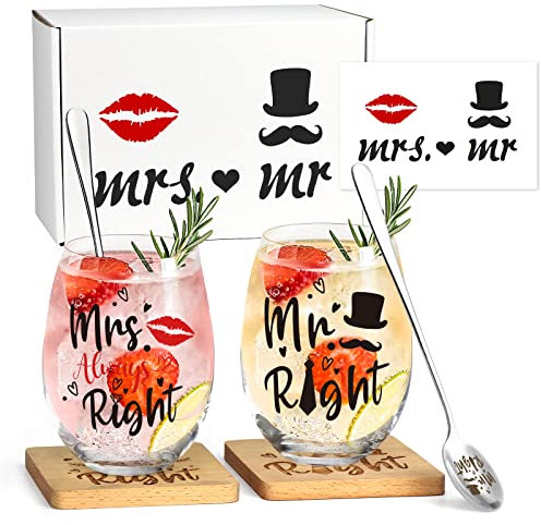 Hzdyopk Hochzeitsgeschenke für Brautpaar Hochzeitsgeschenk Paar Geschenke Verlobungsgeschenk Mr Right und Mrs Always Right Weingläser Set für Paare