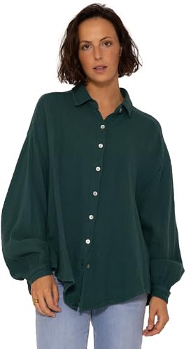 SASSYCLASSY Oversize Musselin Bluse Damen Langarm - Oversized Freizeit Look - Hemdbluse lang aus Baumwolle mit V Ausschnitt - Long-Bluse One Size (Gr. 36-48) Dunkelgrün