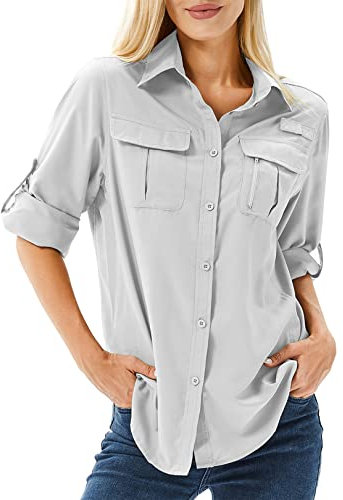yeyity Hemd Damen UPF 50+ UV Schutz Langarmshirt Damen Outdoor Schnelltrocknend Sommer Shirts Safari Kleidung Wanderhemd Casual Button Down Tops(5071,Grey,S)