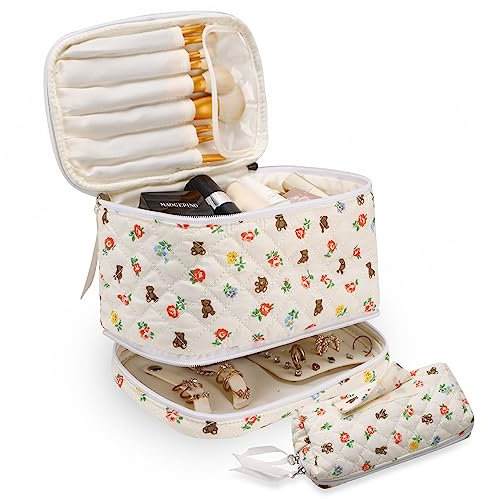 2 Stück Gesteppte Baumwolle Make-up-Tasche und Schmuck Tasche für Frauen, 2 in 1 Reise-Kosmetiktasche, große Reise Make-up Veranstalter für Toilettenartikel & Pinsel Halsketten Ohrringe