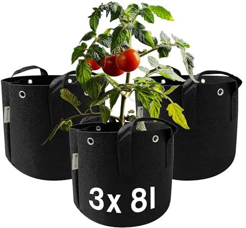 honju Growbag - Sac de plantation 8l, Pot pour tomate (pack de 3) (Sacs à plantes en tissu avec trous renforcés pour l'attacher, Meilleure croissance des racines, Évite l'humidité stagnante)