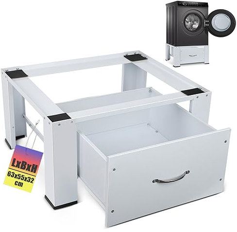 Support de machine à laver avec tiroirs extensibles, socle pour machine à laver et sèche-linge, socle en acier, meuble bas surélevé avec une capacité de charge de 150 kg, (L x l x H) 63 x 54,5 x 32 cm