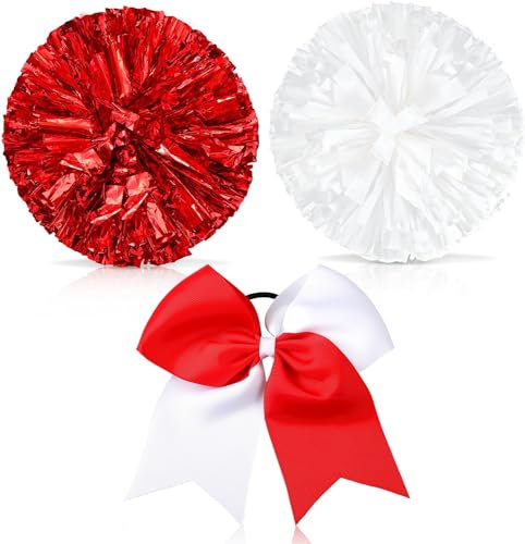 Theaque Cheerleader-Pompons und große Cheerleader-Haarschleife für Mädchen, 30,5 cm große metallische Cheerleader-Pompons für Sport, Teamgeist, Jubeln (rot und weiß)