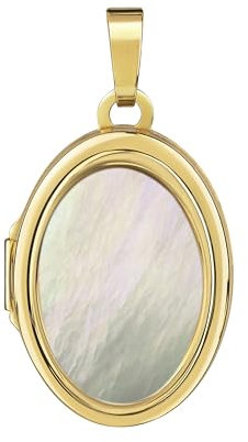 JEVELION Medaillon 585 Gold Anhänger 14 Karat für 2 Bilder mit Perlmutt-Einlage Bild Amulett oval zum Öffnen für Damen mit Halskette und Schmuck-Etui