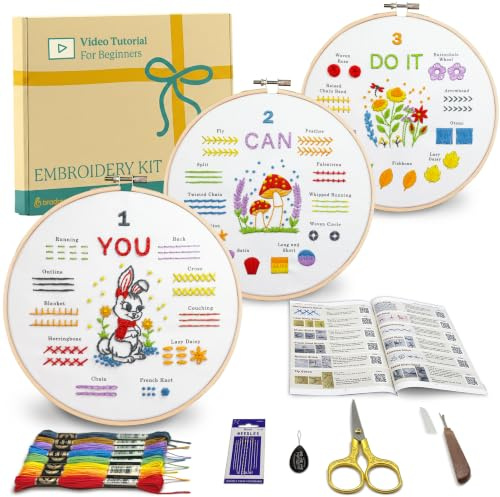 Bradove Hand Embroidery Kit for Beginners | Beginner Embroidery Kit with Threads Needles Scissor Fabrics Instruction Book Hoop, Hobbies for Adults Women, Stitch