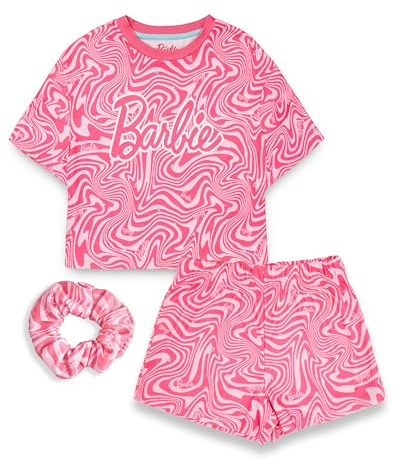 Barbie Rosa Pyjama-Set für Mädchen | Kinder T-Shirt und Shorts Pyjamas mit Scrunchie Classic Logo All-Over-Print-Design | Offizielle Ware kleine Träumer