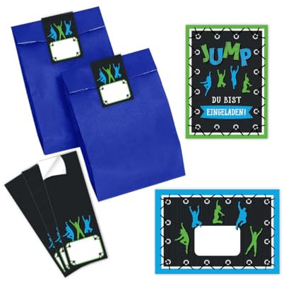 Minkocards 12 Einladungskarten Kindergeburtstag Jungen Mädchen Jump Trampolin Einladungen Jungsgeburtstag Mädchengeburtstag incl. 12 Umschläge, 12 Partytüten/blau, 12 Aufkleber