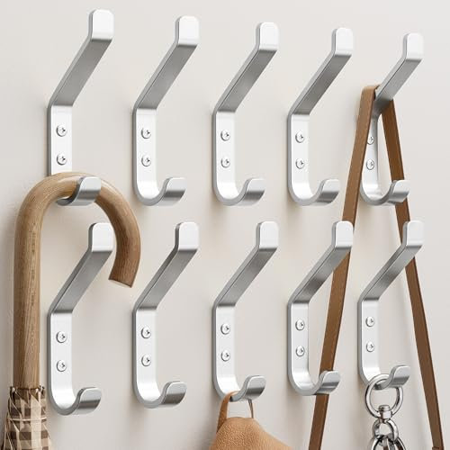susswiff 10-Pack Aluminum Coat Hooks for Hanging - 10KG (Max) Wall Hook with Screw, Heavy Duty Stainless Holder for Towel, Backpack, Hat, Sturdy Metal Hanger for Door and Wall, Silver