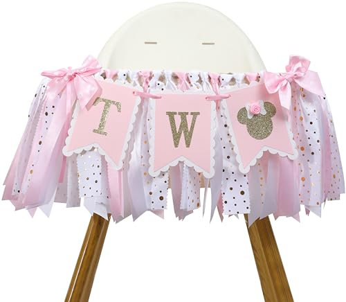 Mouse 2nd Highchair Banner - 2nd Birthday Party Decorations,Pink Gold Two High Chair Ribbon Banner,Mouse Inspired Party Supplies,Sweet Girl Second Birthday Banner Photo Props