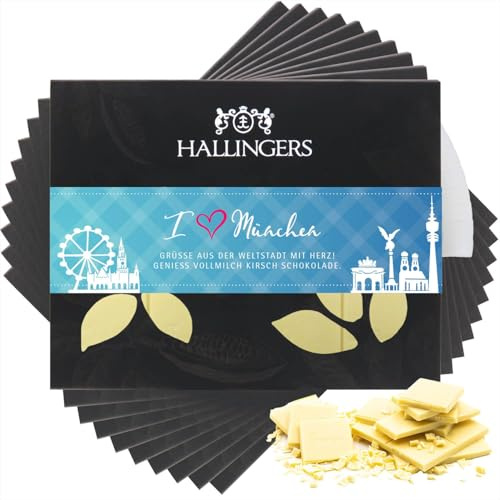 Hallingers Genuss Manufaktur Weiße Schokolade Geschenk - Tafel handgeschöpfter Edelkakao ohne Alkohol edler Karton 10x I love München Kirsche, Geschenkidee für Frauen Männer