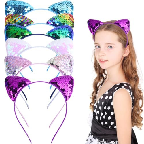 PLABBDPL Lot de 6 serre-têtes en métal à paillettes avec oreilles de chat, pour fête d'anniversaire, cosplay(6 couleurs)